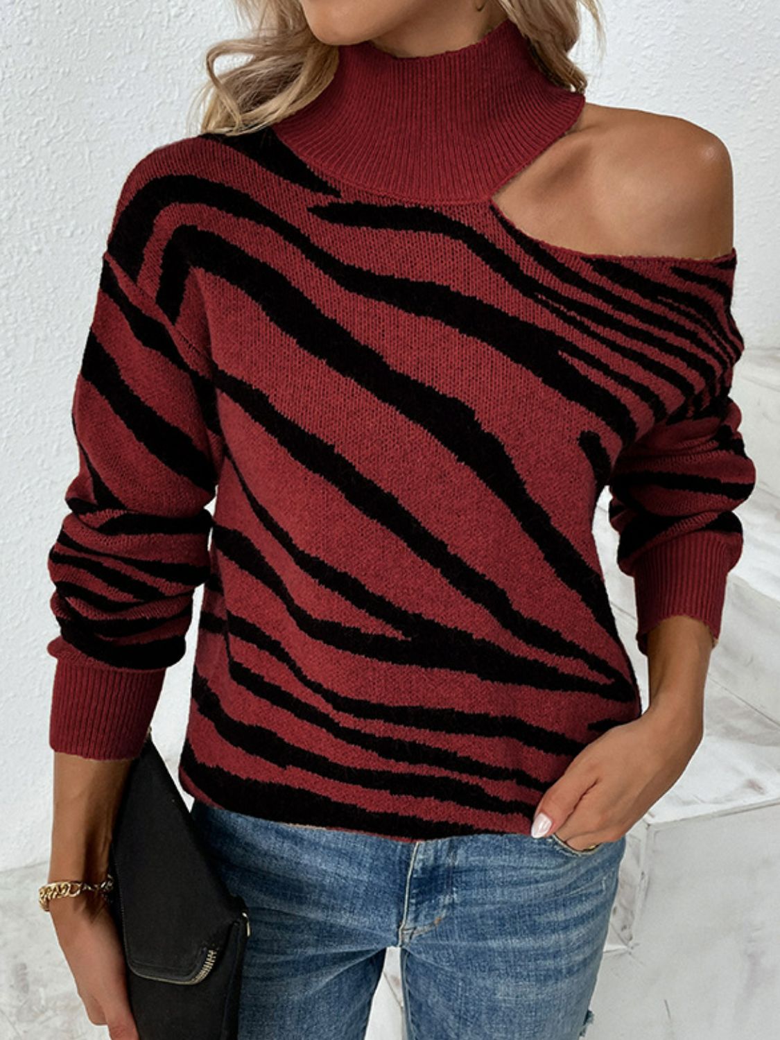 Tiger Print Cold-Shoulder High Neck Sweater